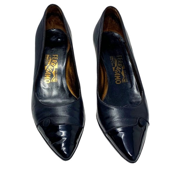 Salvatore Ferragamo Black Leather‎ Patent Leather Cap Toe Pumps - Picture 4 of 14